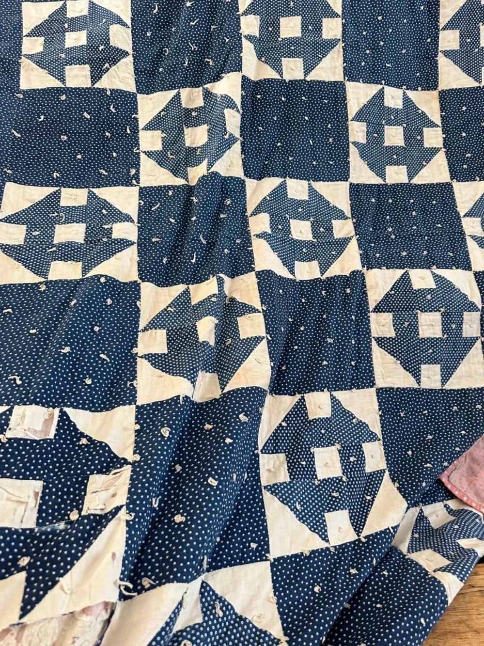 Antique Hole in the Wall Blue and White Patchwork Quilted Blanket